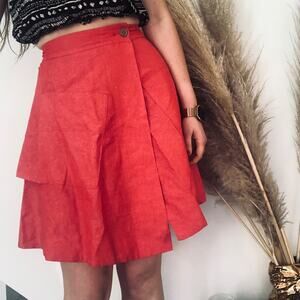 ANTHROPOLOGIE Red Pink Ruffle Tiered Silk Linen Wrap Mini Knee Length Skirt 0